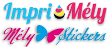 Logo ImpriMély et Mély Stickers en cyan, rose et jaune avec un papillon coloré.
