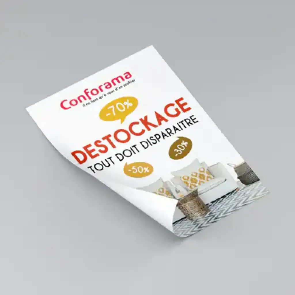 Prospectus promotionnel imprimé sur papier blanc et présenté sur fond gris.